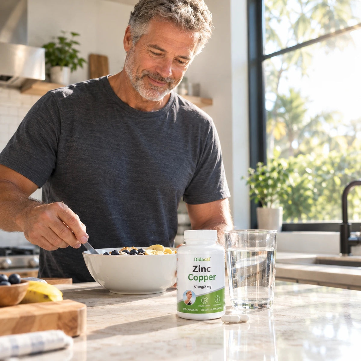 Man eating breakfast in a sunny kitchen next to a bottle of Didacal Zinc + Copper and a glass of water