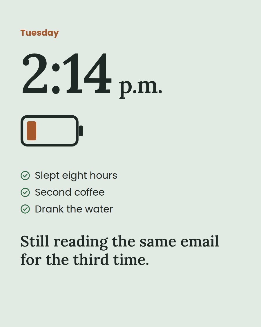 A 2:14 p.m. low-battery afternoon: slept eight hours, second coffee, still rereading the same email
